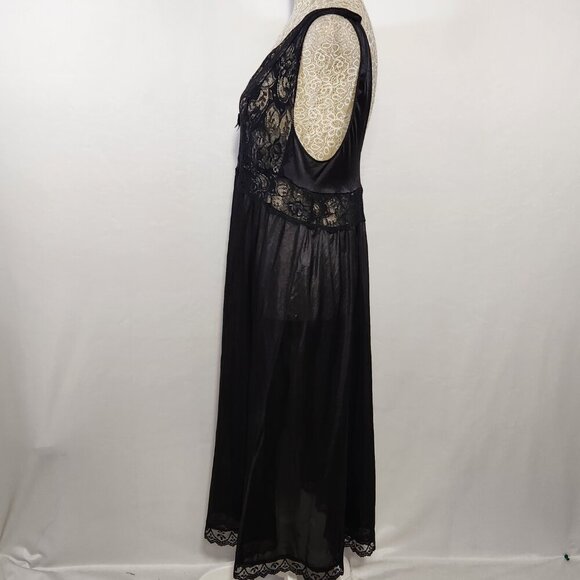 VTG Shadow Line Large Black Satin Nylon Lace Trim Slip Dress Nightwear Gothic - Picture 8 of 13